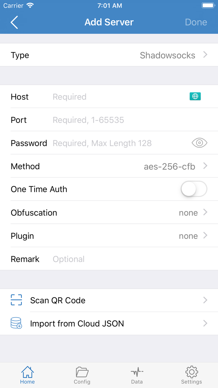 Official Shadowrocket Add Server screenshot showing Type, Host, Port, Password, Method, and the Scan QR Code and Import from Cloud JSON options