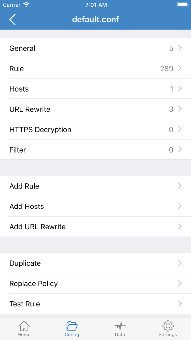 Official Shadowrocket Config screenshot showing the General, Rule, Hosts, URL Rewrite, and HTTPS Decryption sections and the Add Rule option