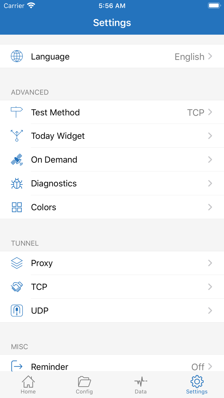 Official Shadowrocket Settings screenshot showing the Language, Test Method, Today Widget, On Demand, Diagnostics, Proxy, TCP, and UDP options